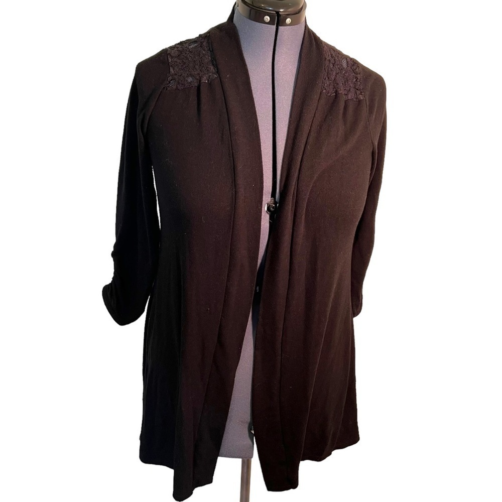 August Silk Women's Size Large Open Cardigan Sweater Black Lace Up Back Cinched